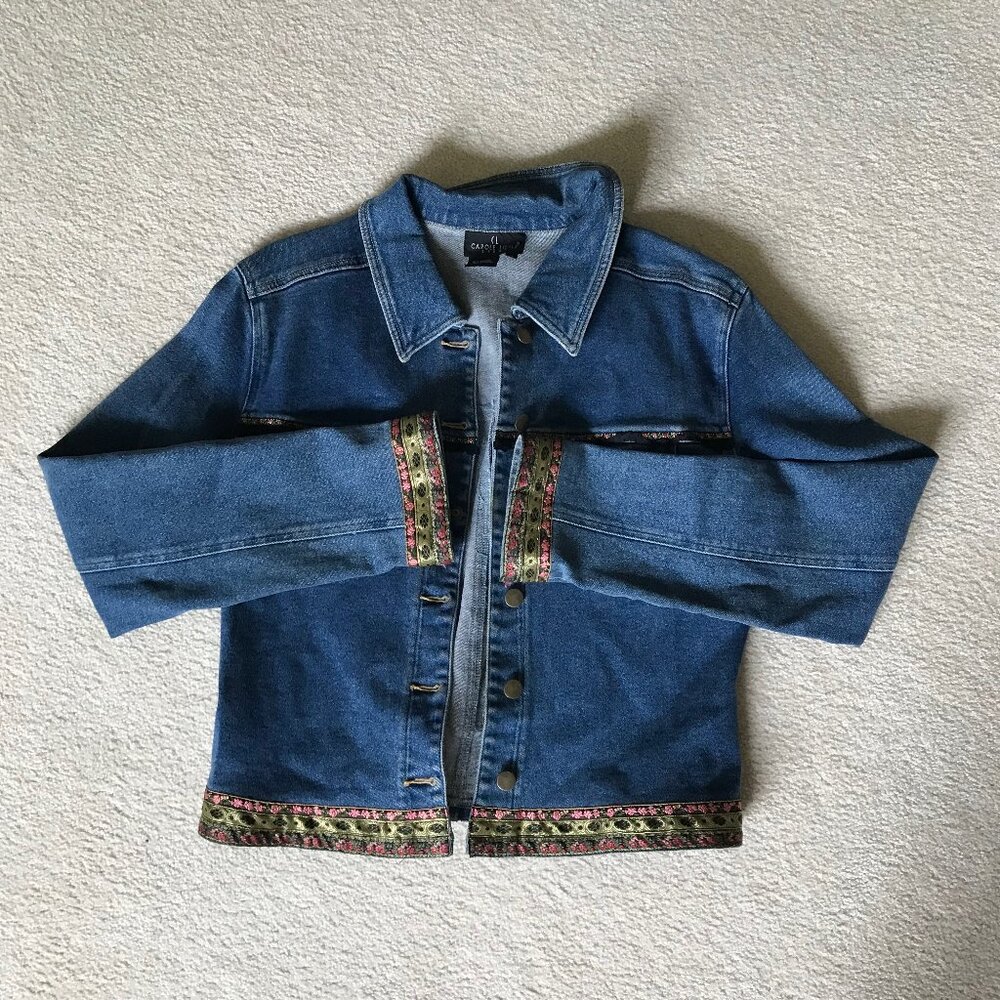 CAROLE LITTLE DENIM JACKET WITH EMBROIDERED TRIM SZ 10